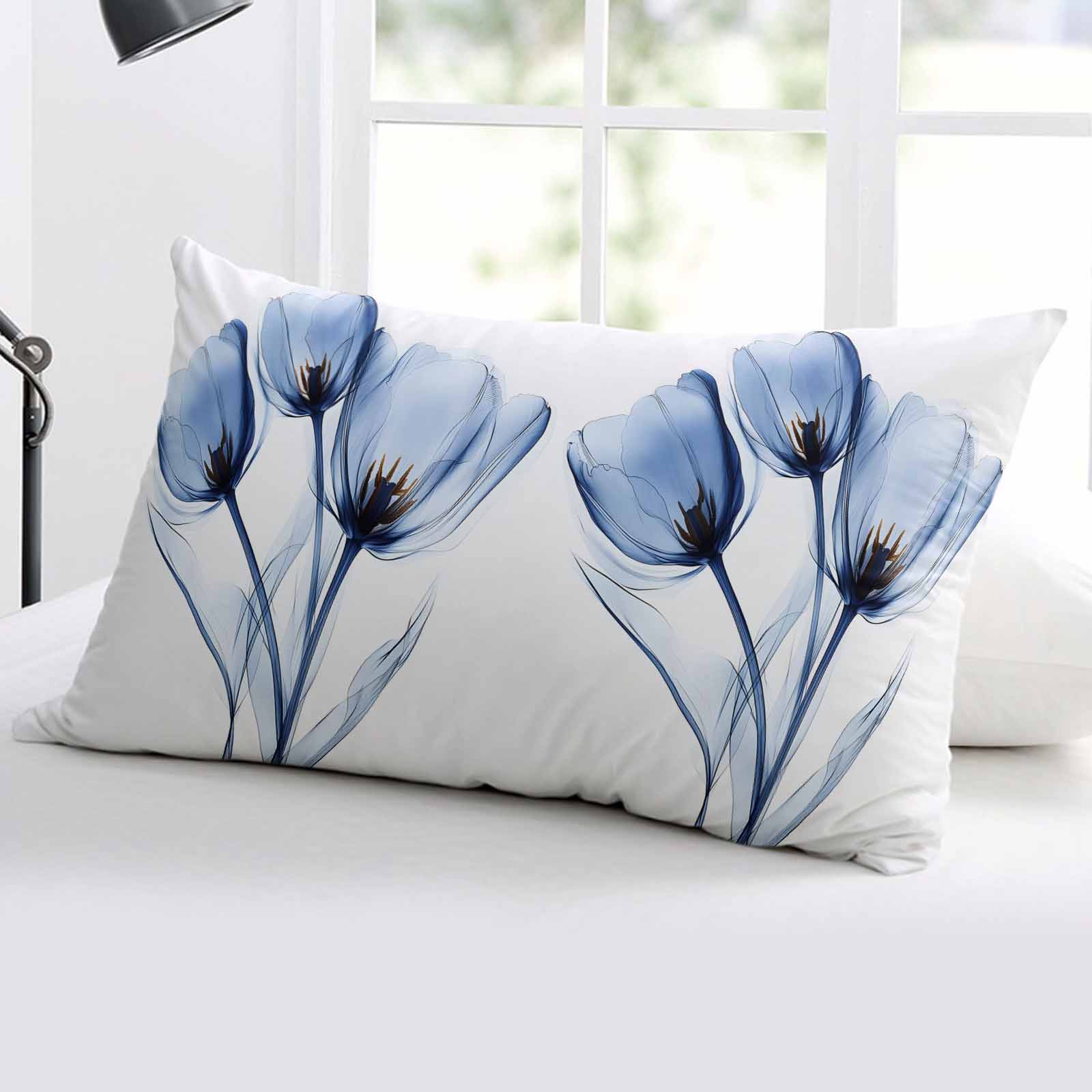 Blue Flowers Throw Pillow Cover 20 x 36 Inch Decorative Pillow Cover Simple Gradient Tulip Floral Branches Lumbar Pillowcase Seasonal Rectangle Cushion Case for Couch Sofa Bed Living Room
