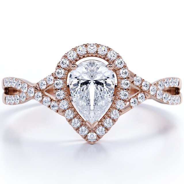 JeenMata Anillo de Compromiso con Halo Milgrain de Moissanita de Corte Pera de 1,75 Quilates, Cuerpo Retorcido Infinito, Pavé en Baño de Oro Rosa de 18 K sobre Plata