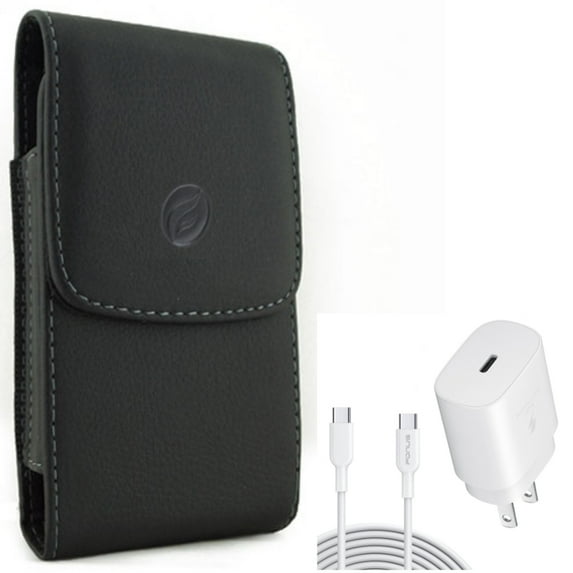 Case Belt Clip & 25W Fast Home Charger for Samsung Galaxy S22 Ultra,S21 Ultra,S20 Ultra,Plus,Fan Edition - Leather Holster Cover + PD Type-C 6ft USB-C Cable Combo