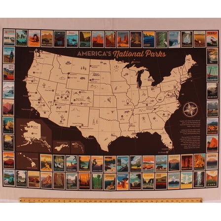 36.5" X 44" Panel America's National Parks Map Posters Postcards Pictures USA Parks Travel Explorer Hiking Adventure Cotton Fabric Panel (P9157-POSTER)