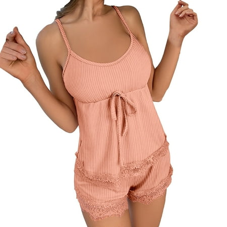 Tweang Camisole Shorts Set Cami Top Loose Shorts Everyday Wear Basic Sleepwear 2 Piece Sleepwear camisole nightshirt Pajamas Set for Women Summer Nightwear Matching Cami Short Lounge Wear Pink M