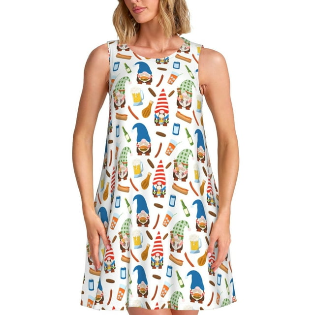 Vsdgher Robes d'Été Imprimé Gnomes Barbecue pour Femmes Robe de Plage Décontractée Col en U Sans Manches Ample avec Poche
