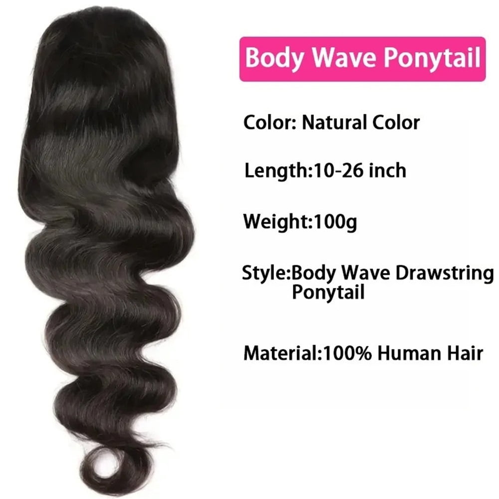 Drawstring Ponytail 10-26 Inch Long Body Wavy Human Hair Ponytail Hairpiece Clip in Remy Hair Extension for Daily Use