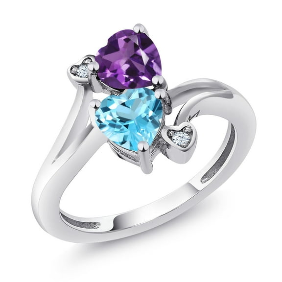 Gem Stone King 1.63 Cttw Purple Amethyst and Swiss Blue Topaz Ring for Women | 925 Sterling Silver | Heart Shape 6MM | Gemstone Birthstone | Wedding Engagement Anniversary Promise Ring for Women