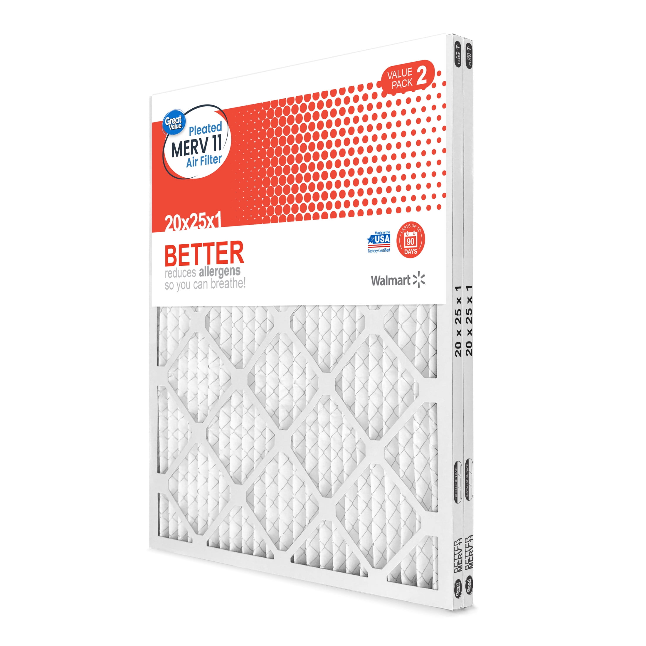 Great Value; 20x25x1; MERV 11 BETTER HVAC Air and Furnace Filter; Reduces Allergens; 2 Filters