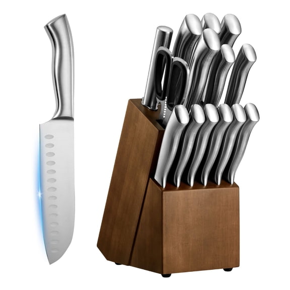 15 Piece German High Carbon Stainless Steel Kitchen Knife Set with Wooden Block Sharpener and Ergonomic Handle for Home Cooks