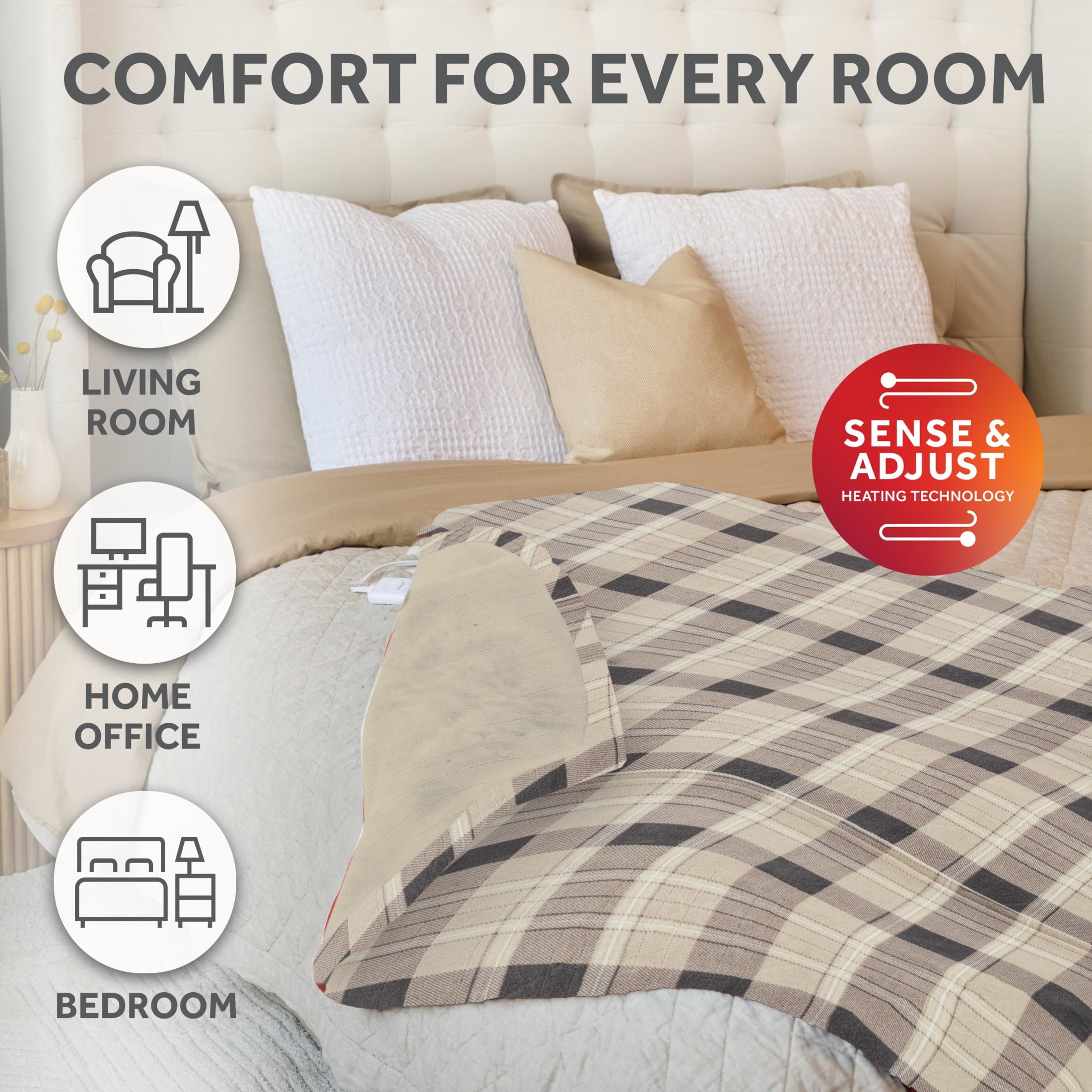 Sunbeam Electric Heated Throw Blanket Earthy Plaid Super Soft Microplush 4 Heat Settings Oversized 60x80
