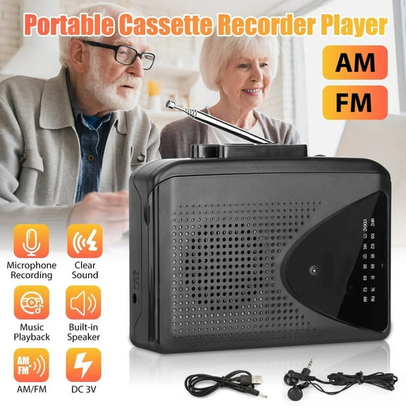 Portable Walkman Cassette Player, DISEN AM/FM Radio Cassette Players, Audio Cassette Tape Music Player with Built-in Speaker 3.5mm Earphone Jack, Powered by USB or AA Battery - Black