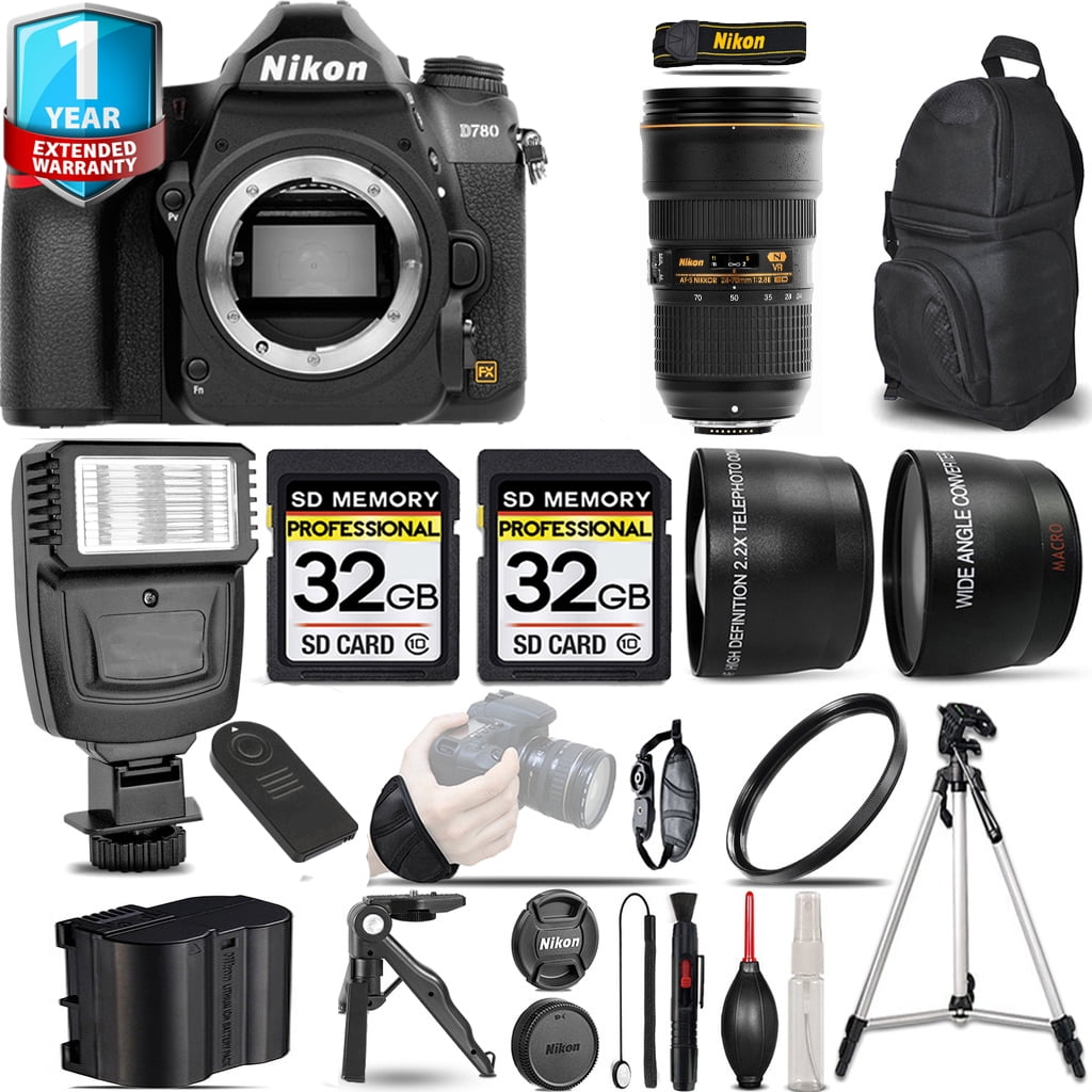Nikon D780 DSLR Camera with 2470mm f/2.8E Lens + Flash + 64GB + UV