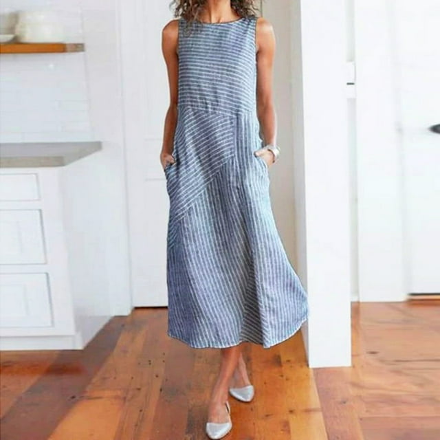 JUNWELL Robe Décontractée Sans Manches à Rayures pour Femmes Col Rond en Lin avec Poches Robe Longue Petite Printemps Maxi Robes pour Femmes Manches Courtes Robe Midi Robe de Sport pour Femmes Robes Décontractées d'Automne