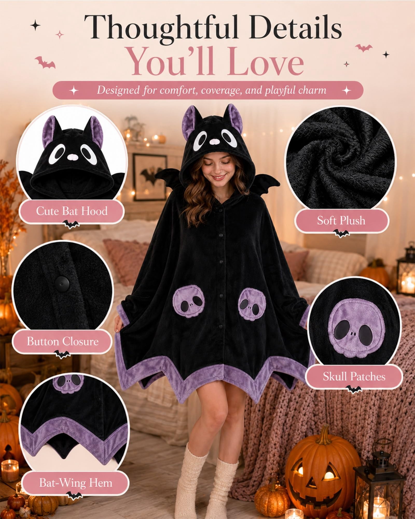 Bat Snug Bat Blanket Bat Hoodie Wearable Blanket Hoodie Throw Halloween Plush Fleece Oversized Soft Warm Cozy Adult Women Gift