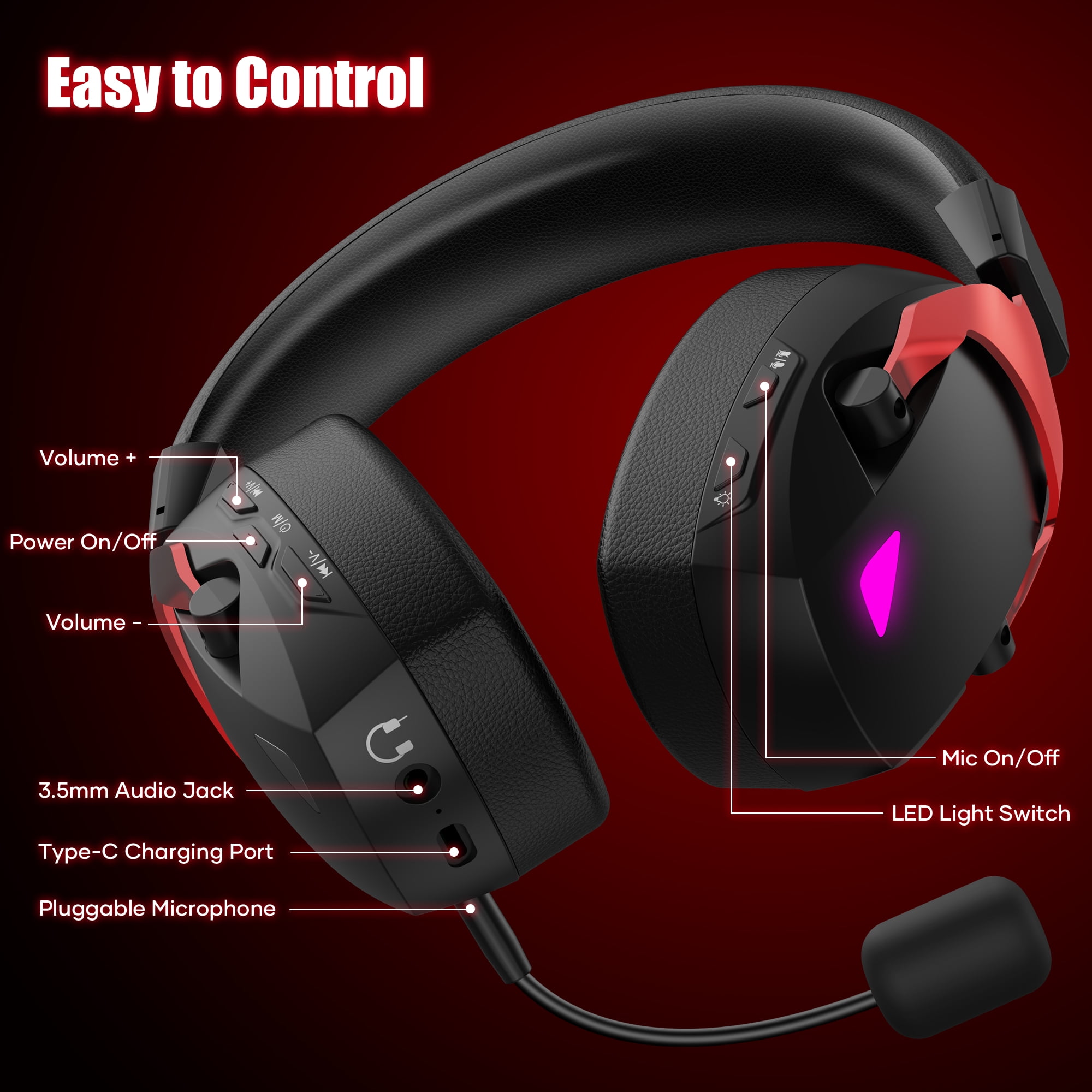 Mollan Bluetooth Wireless Gaming Headphones, Over-Ear with Noise-Canceling Mic, 40H Playtime, RGB, Red