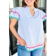 thumbnail image 2 of Women's Sky Blue Stripe Ruffled Sleeve Split Neck Blouse with Ric Rac Trim, 2 of 12
