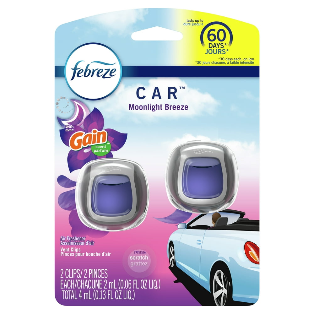 Febreze Car OdorEliminating Air Freshener, Gain Moonlight Breeze, 2 ct