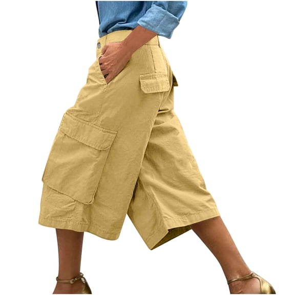 Lenpel Women's Cargo Capri Pants Baggy High Waisted Wide Leg Cropped Travel Trousers Streetwear Casual Long Shorts with Pockets