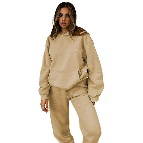 AOOCHASLIY Women Suits Women's Hooded Long Sleeved Sweater Casual Two-piece Long Sleeved Round Neck Shirt/shirt Set