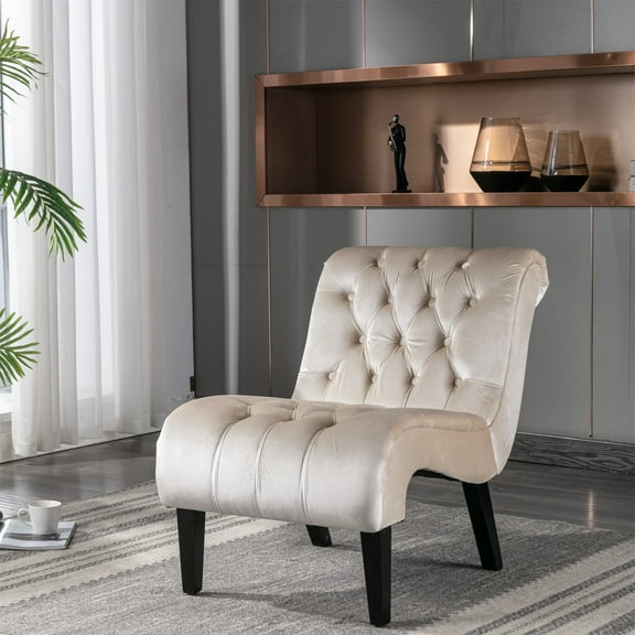 Mid Century Accent Living Room Chair, Velvet Lounge Chair with Tufted Button High-Back, Ergonomics Comfy Single Leisure Sofa Chair Reading Chair with Rubber Legs for Living Room Bedroom, Beige