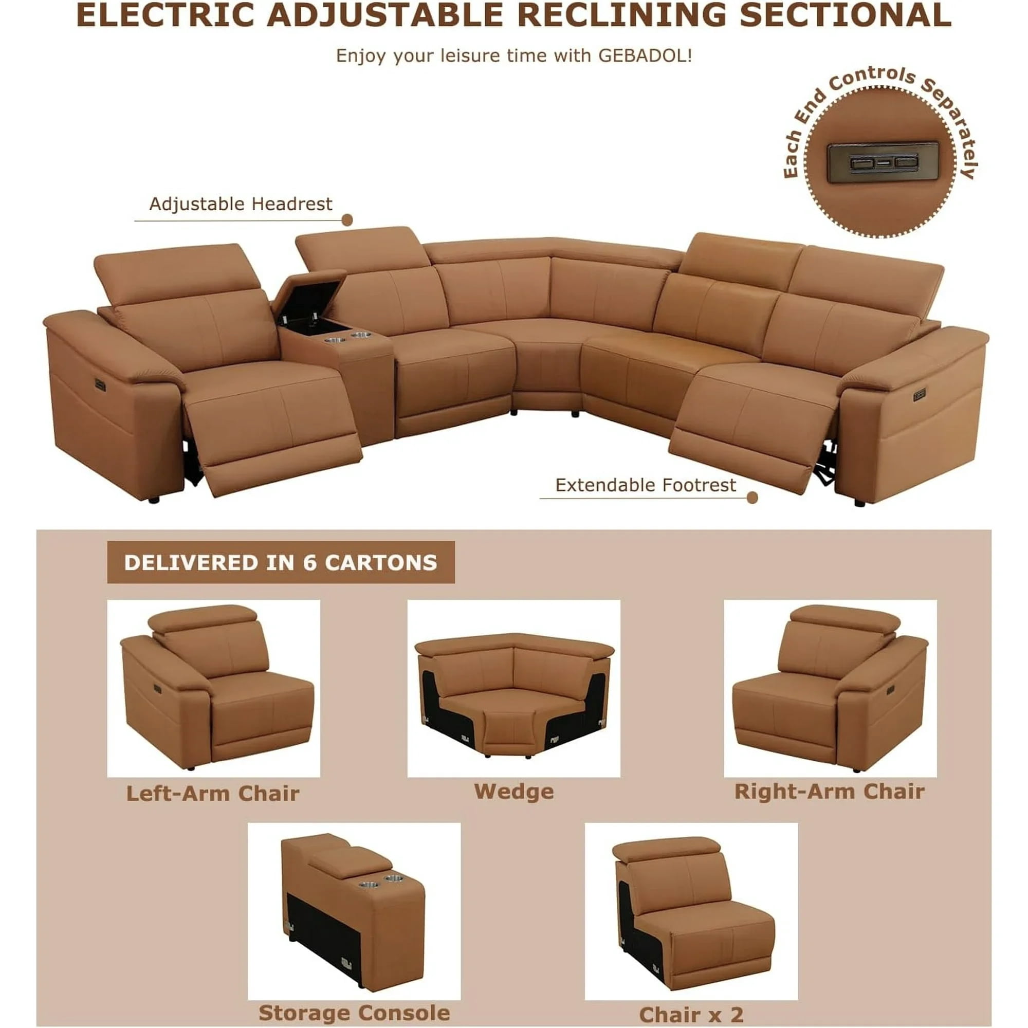 Gewnee Light Brown Air Leather Power Reclining Sofa with Storage, Cup Holders, USB Charging and LED Lights, Solid Wood Frame, for Living Room