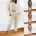 thumbnail image 2 of Xfvqtps Women Fuzzy Pajama Set Hoodie Pullover Short Style Exposed Navel Long Sleeve Solid Color Long Leg Thickened Cozy Soft House Sports Casual Warm Winter Flannel Top and Pants Set Khaki, 2 of 7