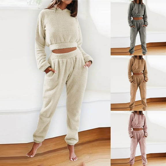 Feancey Fleece Lounge Sets for Women Winter Fashion Crop Tops and Jogger Pants 2 Piece Outfits Womens Soft Fuzzy Sleepwear Set Beige 4XL