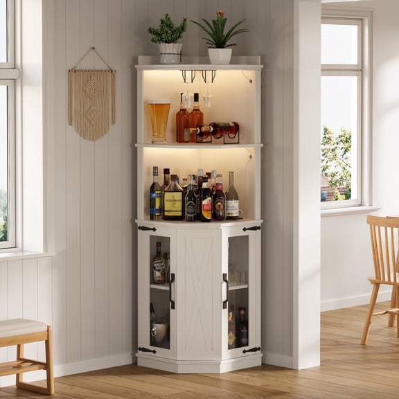 TesNus 67.3" Corner Bar Cabinet with Power Outlet, Farmhouse Wine Cabinet with LED Lights, Glass Rack and Storage Shelves