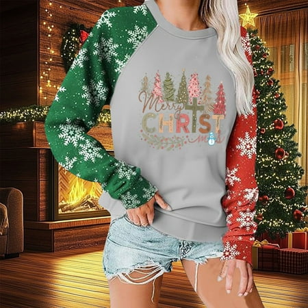 ClodeEU Womens Sweatshirt With Christmas Graphic Round Neck Color Block Long Sleeve Pullover Tops Red # Womens Plus XXXL