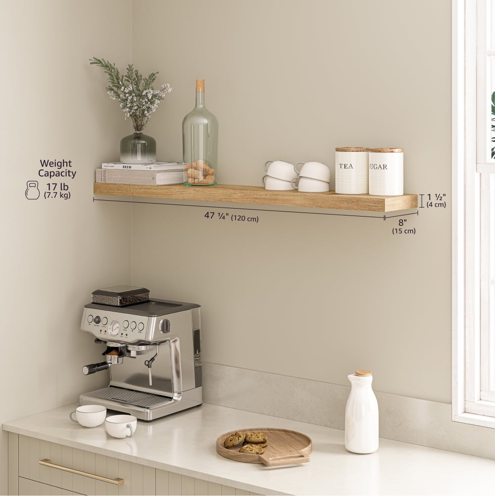 Ballucci 48" Floating Shelf, Wood Wall Mount Shelf with Invisible Bracket, 8" Deep, Oak Finish