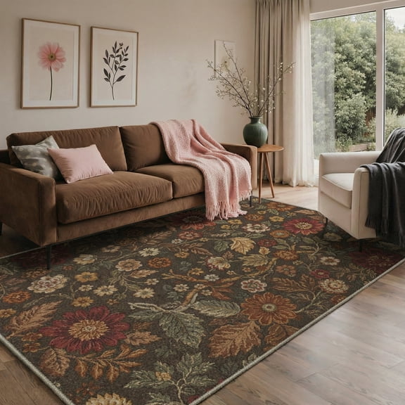 GENIMO 5'x7' Area Rug for Living Room, Washable Non Slip Soft Floral Rug for Bedroom Dining Room Home Office, Dusty Olive