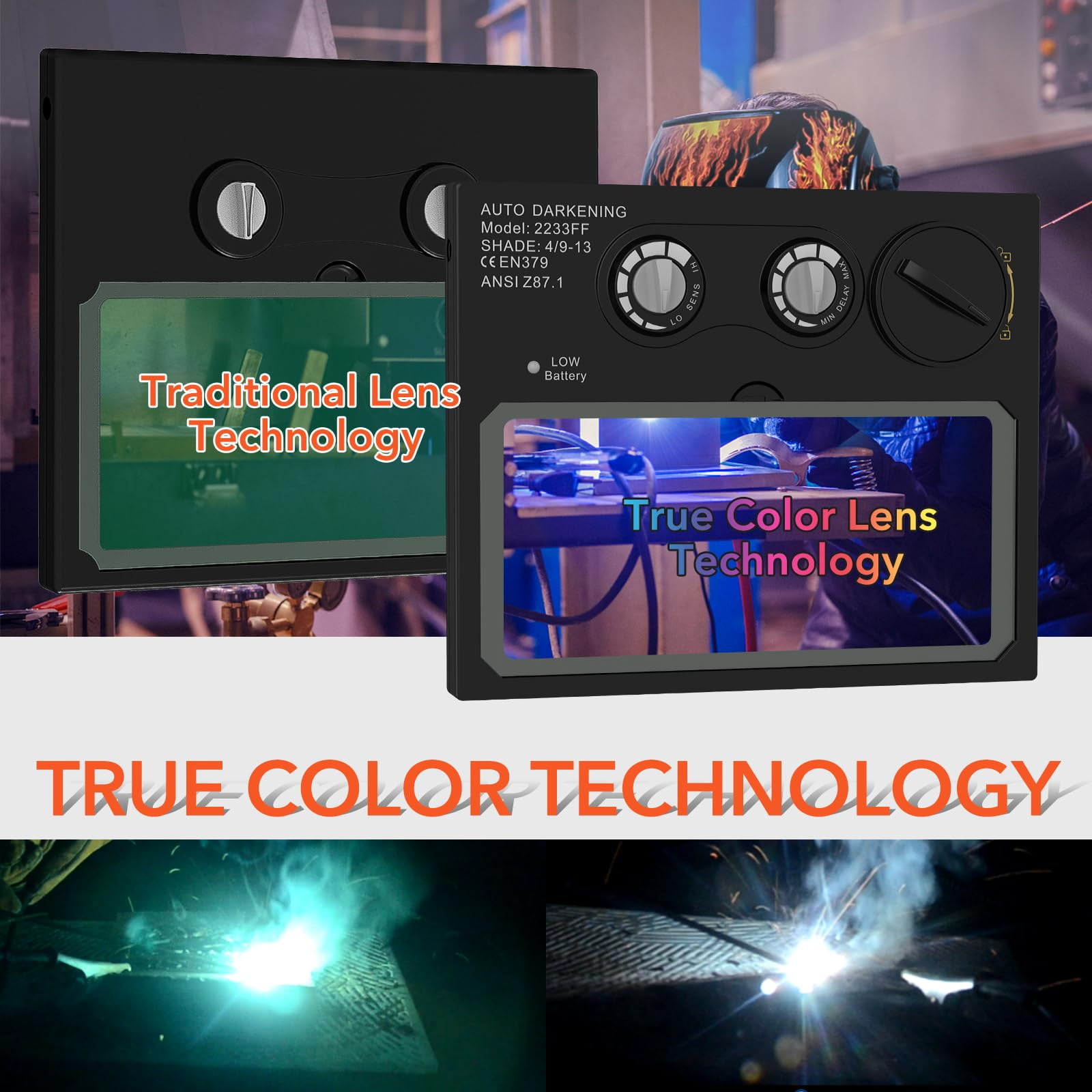 Welding Helmet with Light True Color Auto Darkening Welding Helmets for Men Solar Powered Welding Hood with 2 Arc Sensor Wide Shade 4/9-13 for TIG MIG ARC Cool Welder Mask Careta Para Soldar