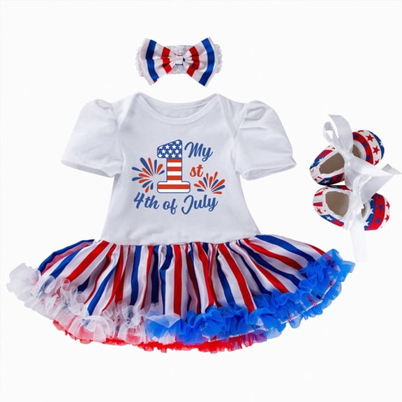 Sgkm Summer Outfits for Girls Letter Print Girls Independence Day Outfit 3 Pieces Romper Skirt Headband Shoes Clothing Set