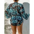 thumbnail image 2 of Women's Summer Romper Floral Print V Neck Flared Half Sleeve Elastic Tie Waist Ruffle Casual Rompers Jumpsuits Three Piece (Leaves-M), 2 of 4