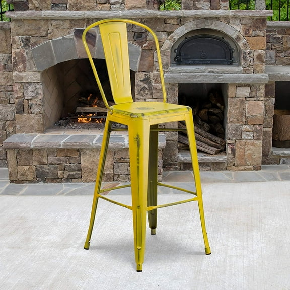 Commercial Grade 30"H Distressed Yellow Metal Indoor-Outdoor Barstool w/ Back