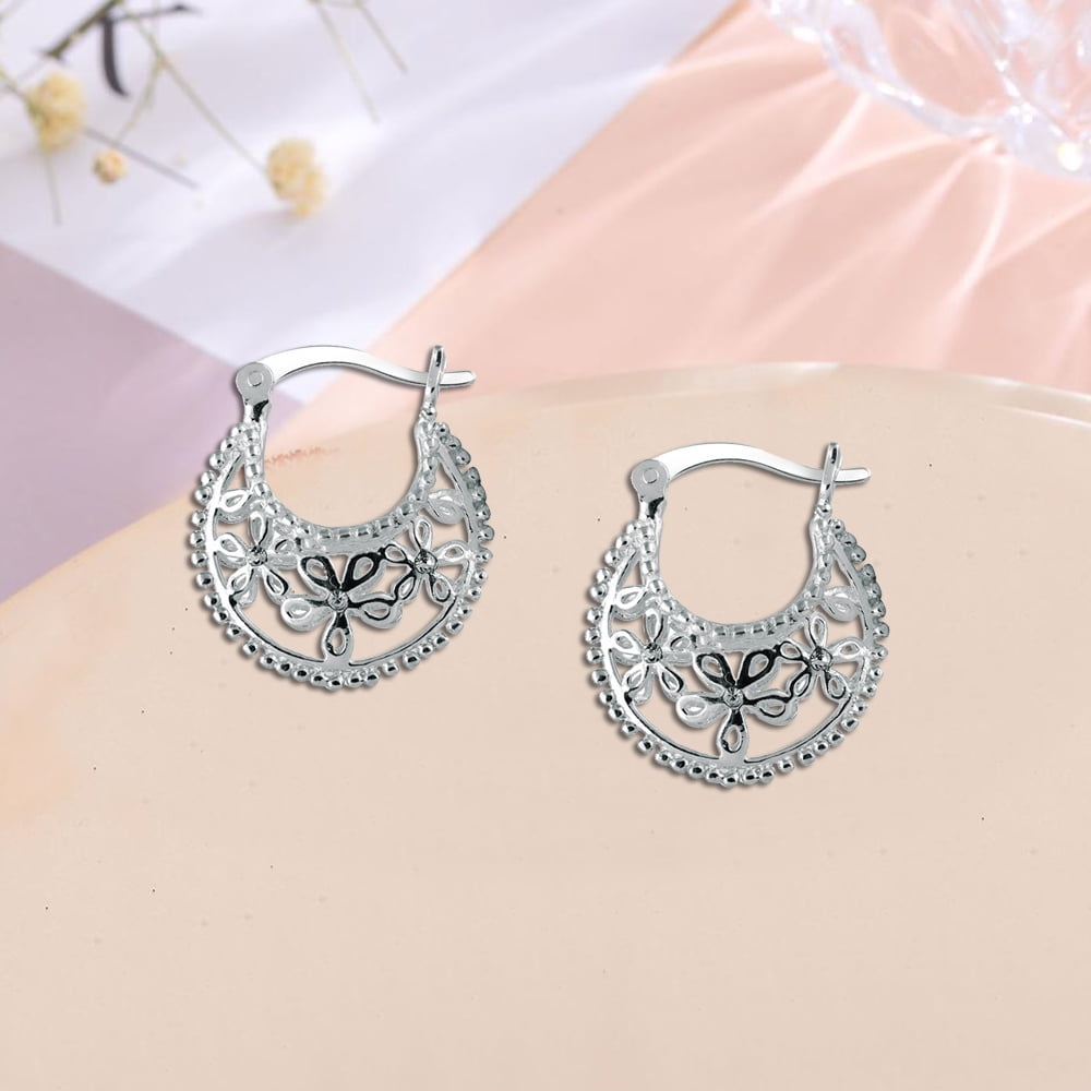 LeCalla 925 Sterling Silver Filigree Basket Hoop Earrings Cubic-Zirconia for Teen and Women 18MM