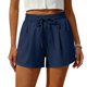 thumbnail image 4 of Shorts de Verano de Cintura Alta para Mujer, Casuales, Cintura con Cordón, Poliéster Elástico, Shorts de Pierna Recta con Bolsillos, Azul Marino, XL, 4 of 5