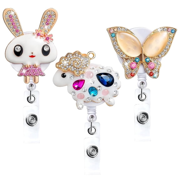 MALLMALL6 Easter Rabbit Rhinestone Badge Reel with Clip, 3 Counts