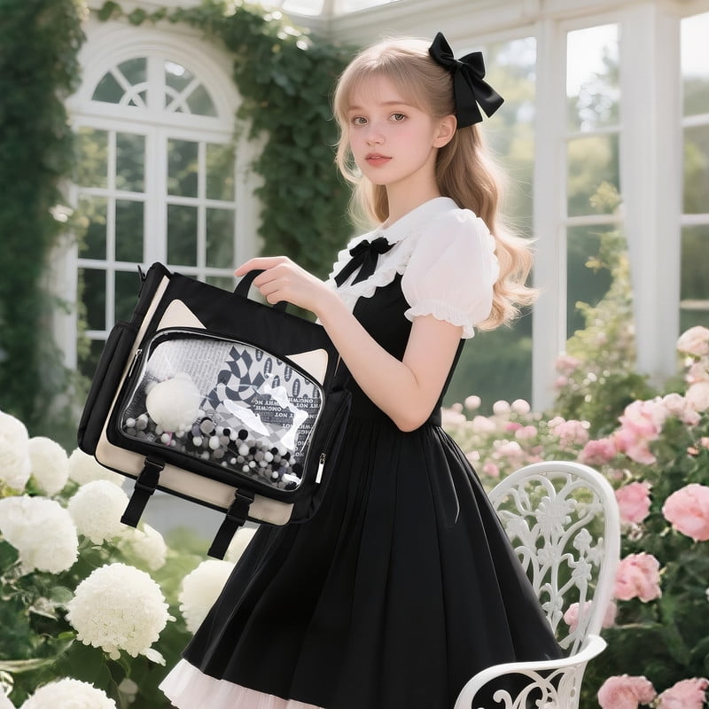 TINYAT Backpack for Women Cute Crossbody Bag DIY Kawaii Anime Y2K Cat Ita Bag for Shop Concert College Black