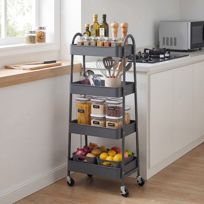 Gianna 3 Tier Utility Rolling Cart, Metal Mobile Storage Shelf with Lockable Caster Wheels, Organization for Livingroom, Bathroom & Narrow Places, Gray