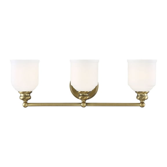 Warm Brass Three Light Bath Bar from the Melrose Collection