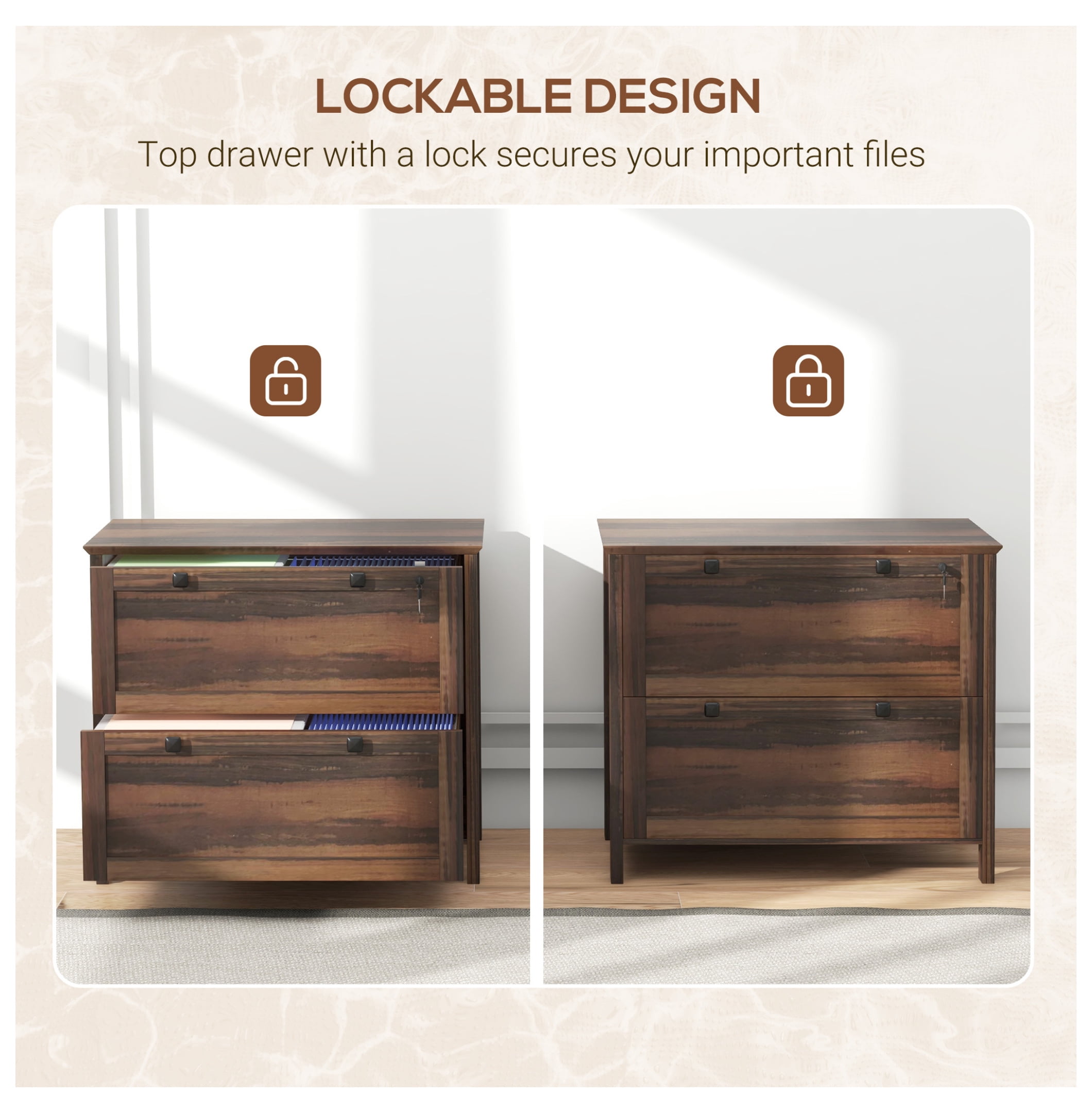 2 Drawer File Cabinet with Lock, Lateral Filing Cabinet with Keys and Adjustable Hanging Bar for Letter, A4 and Legal Size, File Cabinet for Home Office, Brown Brown + Particle Board