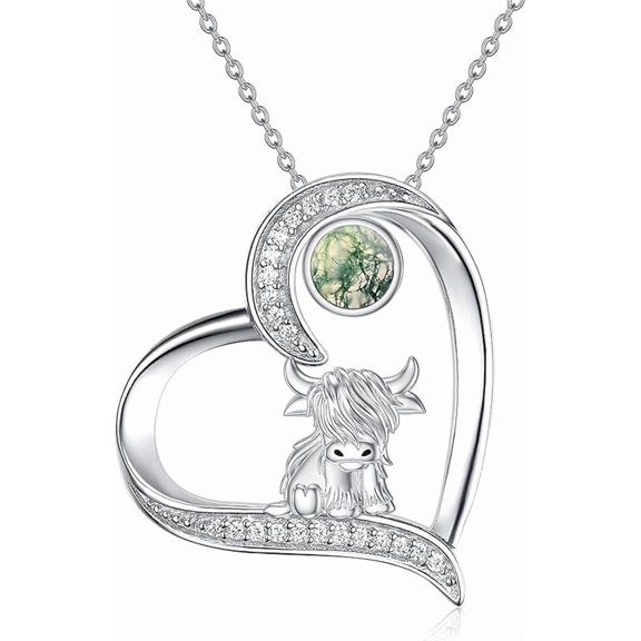 Highland Cow Necklace 925 Sterling Silver Moss Agate Heart Pendant Necklaces for Women Birthday Jewelry Gifts 18"   2" Extender