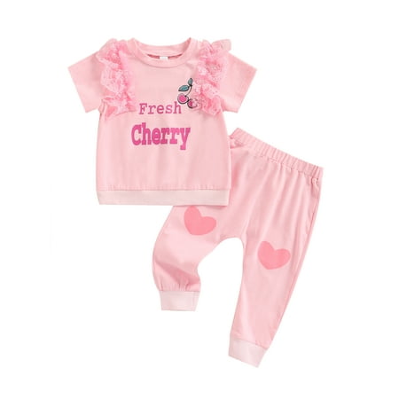 

Kiapeise Toddler Kids Baby Girls Summer Short Sleeve T-Shirt+Trousers Casual Clothes Outfit Set Print Tops+Elastic Waist Pants