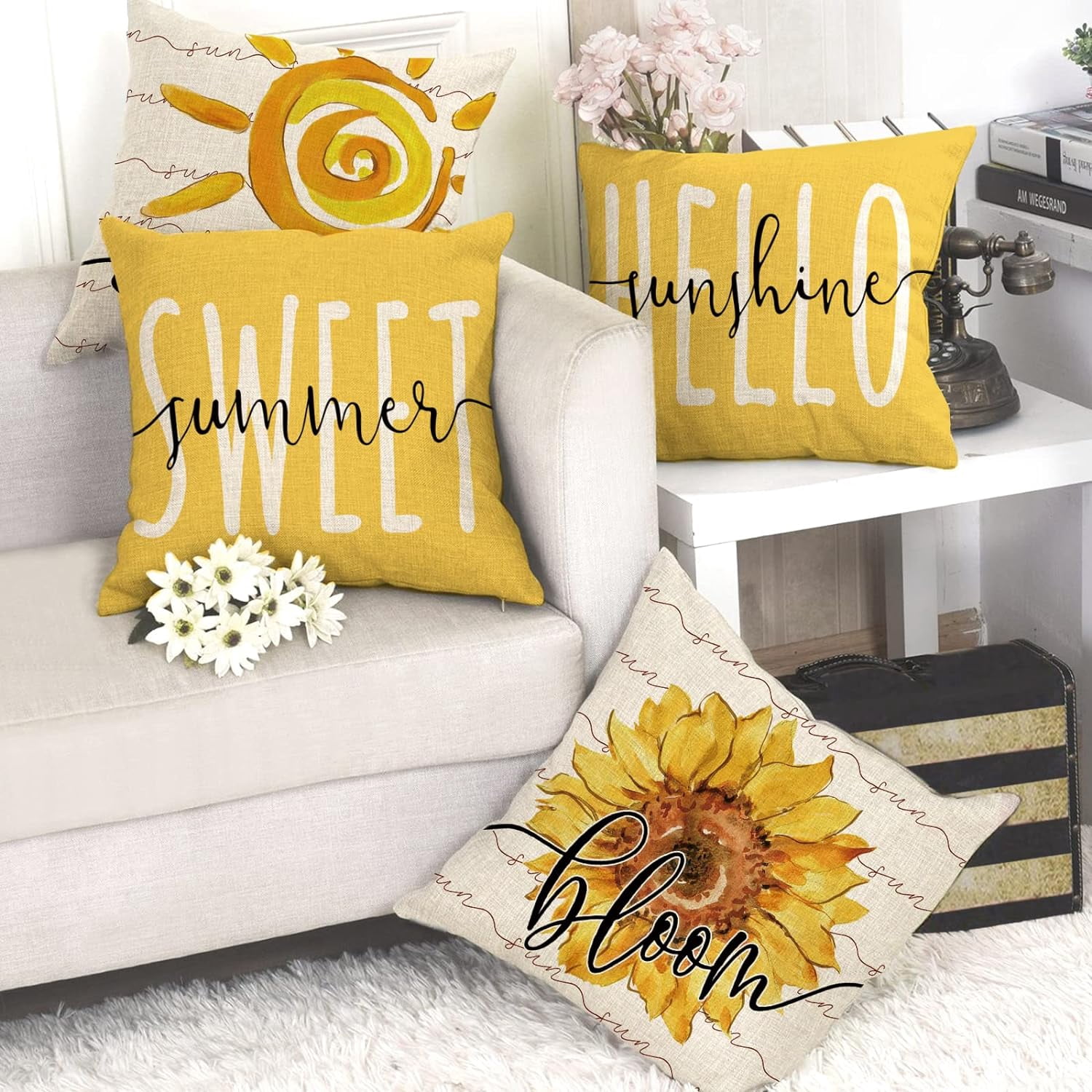Fjfz Sweet Summer Sunflower Bloom Decorative Throw Pillow Cover Set Of 4 - 18x18 Inch, Yellow Floral Porch & Indoor Home Decor - View #13