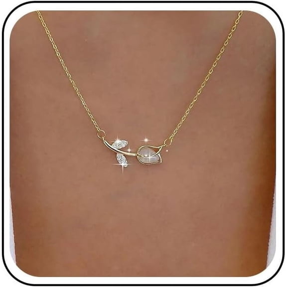Vintage Tulip Flower Necklace Crystal Tulip Pendant Necklace Horizontal Rhinestone Tulip Flower Choker Necklace Small CZ Tulip Chain Necklace Gold CZ Opal Necklace Jewelry for Women