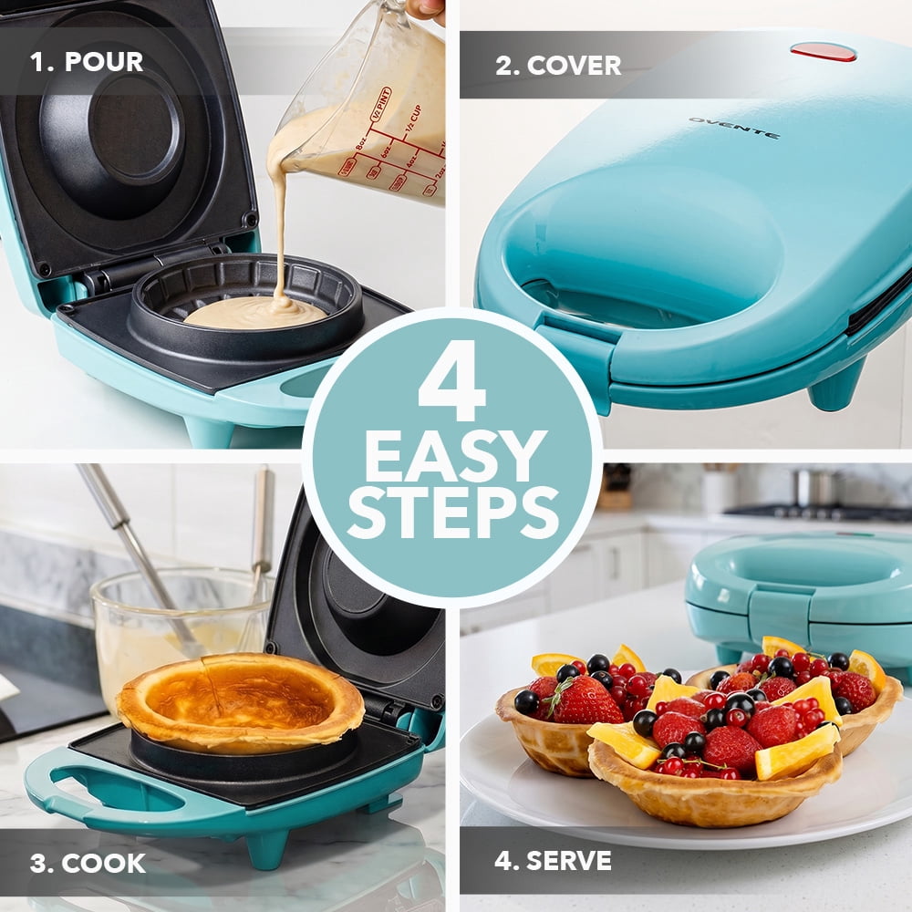 OVENTE Electric Waffle Bowl Maker, 520W Power, Turquoise WMB2405BL | Non-Stick Coating, Indicator Light and Cool Touch Handle, Perfect for Homemade Ice Cream Cups & Delicious Desserts