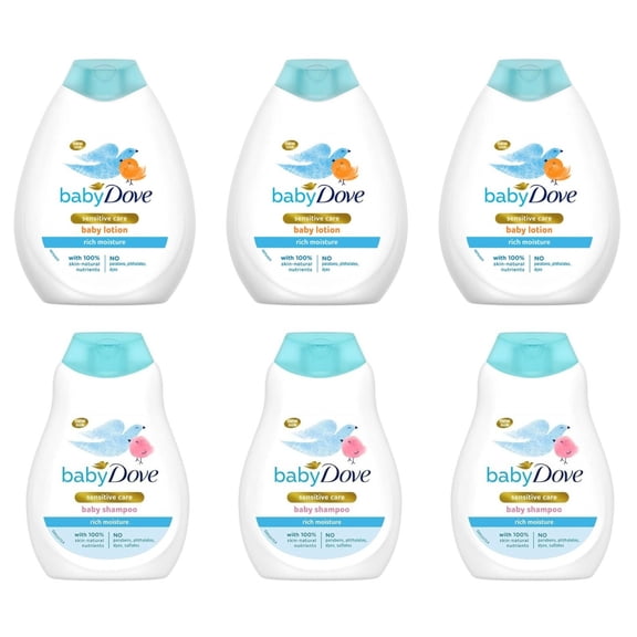Baby Dove Rich Moisture 3 Shampoo & 3 Lotion Sensitive hypoallergenic 400ml 6Pk
