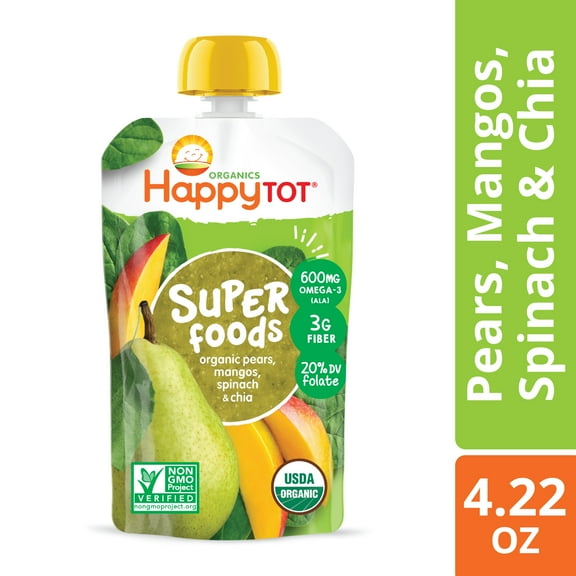 Happy Tot Organics SuperFoods Stage 4, Pears Mangos Spinach & Chia, Organic Tot Food, 4.22 oz Pouch (8 Pack)