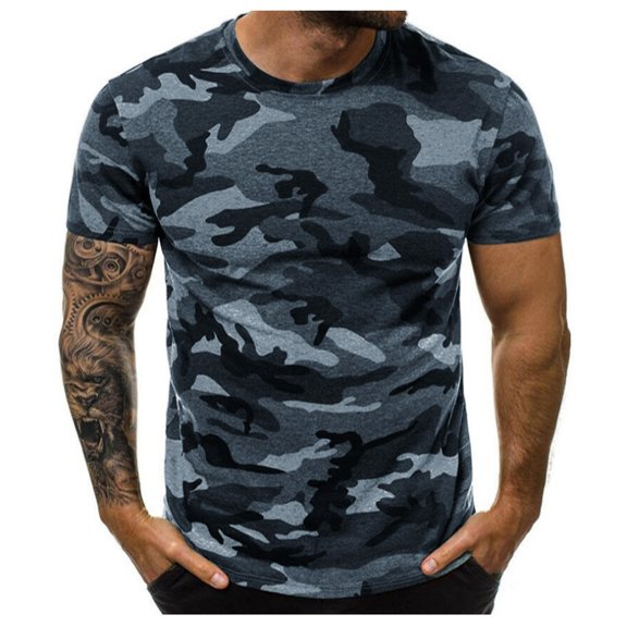 LRGSHF Men's Camouflage T‑Shirts Crew Neck Camo Print Tops Slim Fit Sport Summer Pullover Outdoor Casual Athletic Tees Gray 5XL