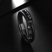 Jewmon Double Row Braided Leather Bracelet Stainless Steel Mens Bracelet Wrist Cuff Bangle Gift Box