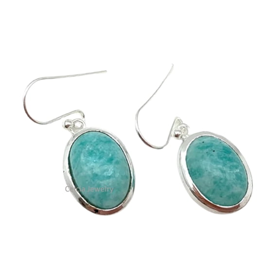 Real 925 Sterling Silver Dangle Teardrop Earrings For Women, Oval Amazonite Natural Blue Gemstone Unique Handcrafted Earrings For Her