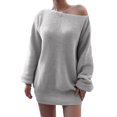 thumbnail image 2 of Women's Sweater Dress Knit Dress Long Sleeve Off Shoulder Solid Color Casual Winter Dress for Loungewear,Light Gray,L, 2 of 7